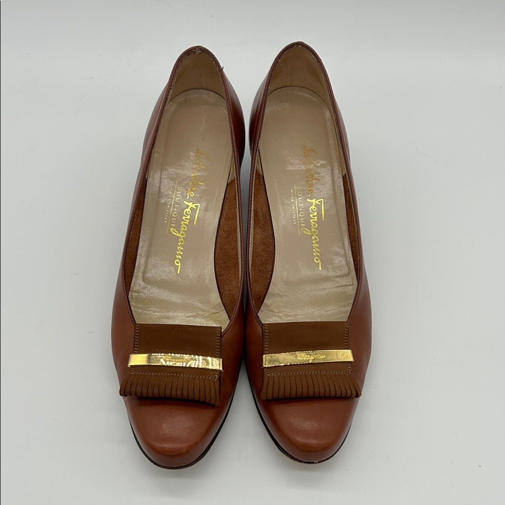 Salvatore Ferragamo Brown Leather Pumps with Gold Accent 8